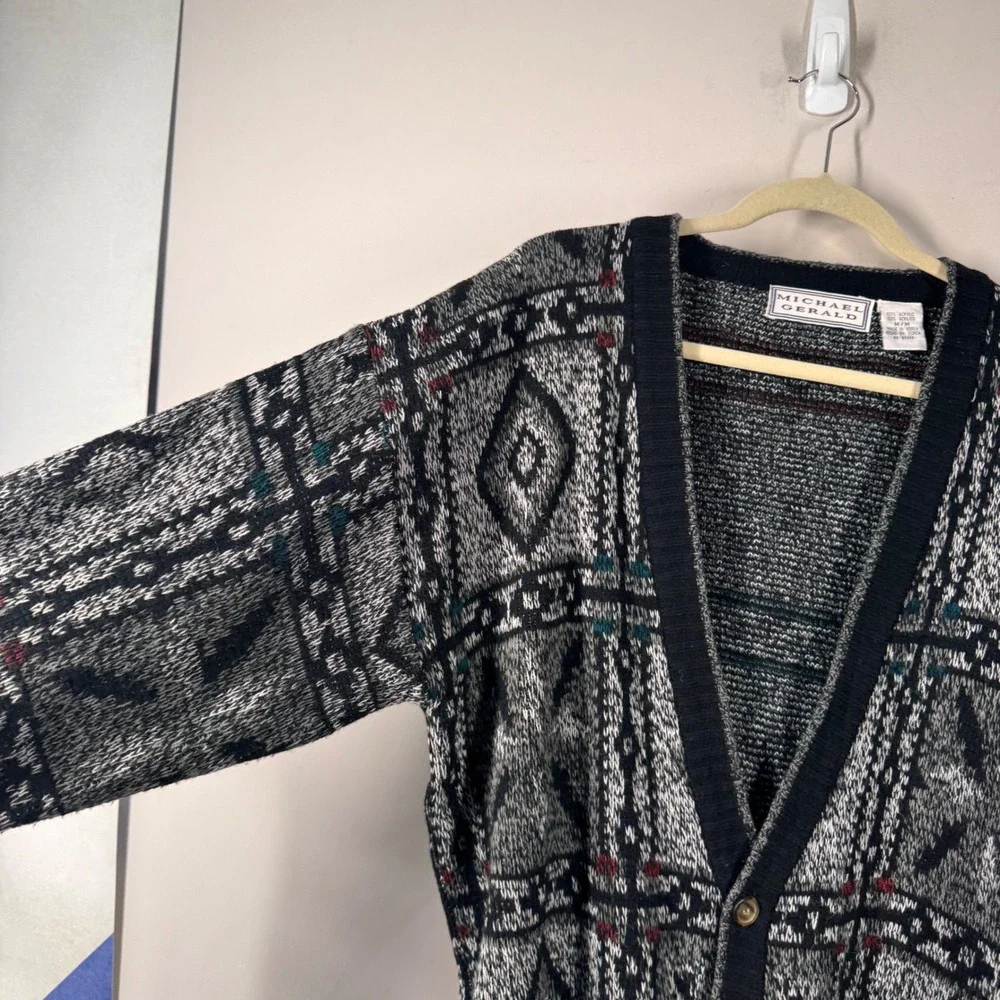 Michael Gerald Vintage Mens Cardigan Sweater Gray Geometric Knit Size M